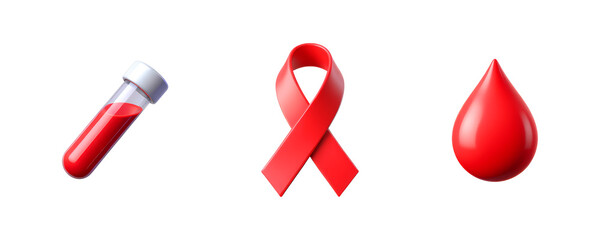 Test Tube, Red Ribbon, Blood Drop, Set of Three 3D Icon &ndash; Glossy Minimal Emoji Style, Isolated PNG objects