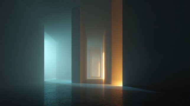 Glowing light columns in an abstract architectural space, evoking a futuristic vision of harmony and innovation