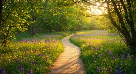 Fototapeta premium Winding Path Through a Sunlit Wildflower Meadow