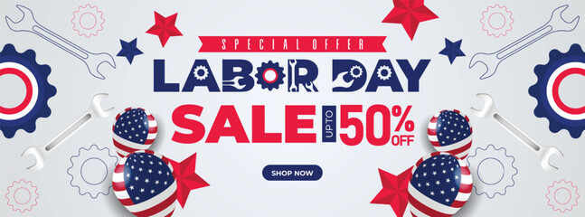 Celebrate Labor Day with a banner featuring red, white, and blue gear motifs, American flag accents, and bold typography. Perfect for promotions