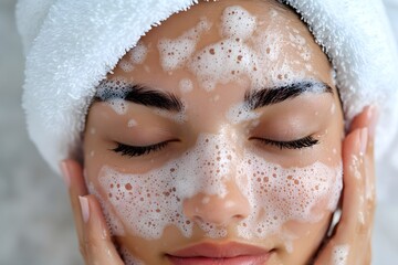A woman enjoying a foamy facial cleansing experience with her eyes closed