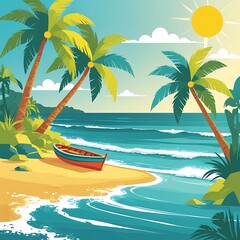Serene Tropical Beach Scene Palm Trees, Ocean Waves, and a Small Boat