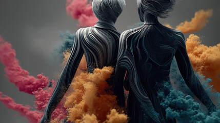 Fototapeta premium Abstract Artistic Human Figures Surrounded by Colorful Smoke Clouds in Surreal Style