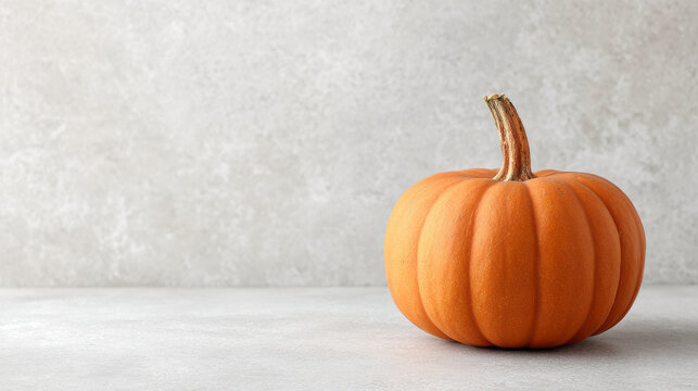 minimalist photograph of bright orange pumpkin positioned on left side of light gray background