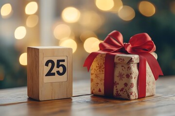 A beautifully wrapped gift with a large red bow and a wooden block calendar set to the 25th day of the month