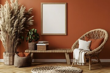 Warm and inviting room interior with framed blank poster. The decor is boho-chic with a rattan chair, cushions, and pampas grass