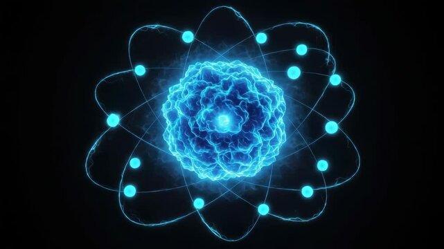 Animated Atomic Structure in Vibrant Blue Light