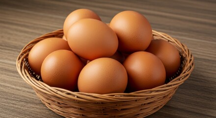 Brown Eggs in Wicker Basket on Wooden Table