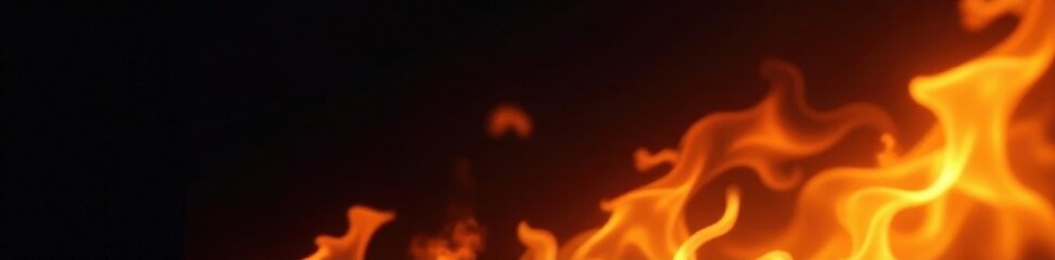 Intense orange and yellow flames flicker against a deep black background , hot, wood, uncontrolled