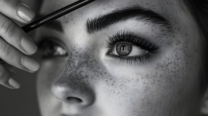 Close-up of a person's eye, eye makeup being applied, in grayscale. Emphasizing the detail of the eyelashes and skin