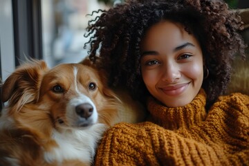 A woman and her dog relaxing in a cozy setting, creating a warm and inviting atmosphere. They appear to be enjoying a moment of connection and contentment