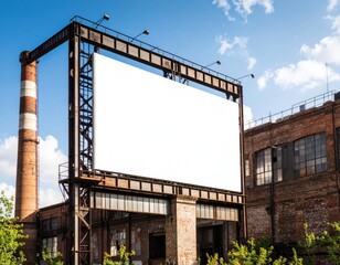 Blank Billboard on Rusty Metal Frame with Brick Building and Chimney