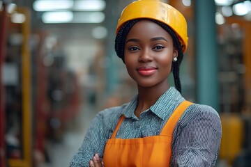 A confident worker wearing a hard hat, with a calm smile. The woman worker's safety gear indicates her role as a professional