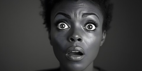 A portrait of a woman with a shocked expression, her eyes wide with surprise