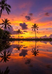 Vibrant Orange and Purple Sunset Reflected in Tropical Water