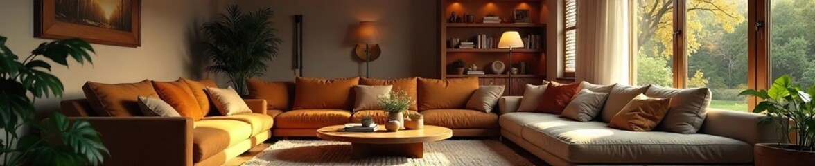 Fototapeta premium Cozy and inviting living room interior with comfortable furniture, warm lighting, and stylish decor Perfect for relaxation and family time , minimalist, flowers