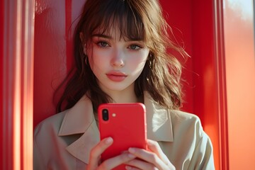 A stylish woman uses her phone inside a red phone booth. She exudes a sense of modern charm
