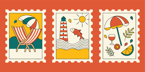 Naklejka premium Aged and used vintage postage stamps with a retro postmark, perfect for a philately collection or antique correspondence umbrella, fish with birds and a vintage postage stamp design