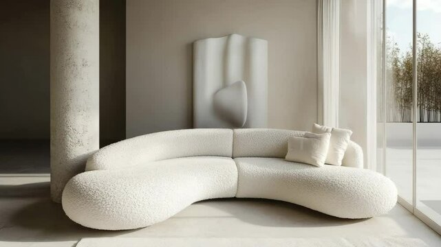 Japandi style modern living room with curved white boucle sofa beside grey wall and structural column