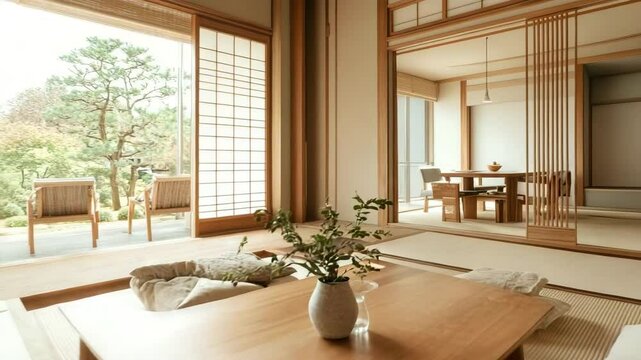 Japandi-style modern living room with minimalist decor and elegant dining table