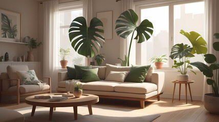 Cozy home interior with large green plant in modern living room. Stylized illustration perfect for home decor, lifestyle, wellness and interior design concepts