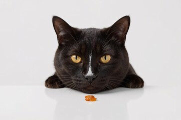 Bombay cat is eating food placed on the table with hopeful look, pet, pet cuteness, pet feeding, snack time, meal time, cat, focus, micro, white background