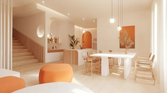 Minimalist Japandi modern living room with bright orange, white, and terra cotta cushioned chairs, clean white table, and abstract decor