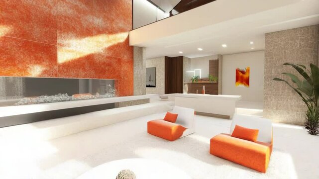 Minimalist Japandi modern living room with bright orange, white, and terra cotta cushioned chairs, clean white table, and abstract decor