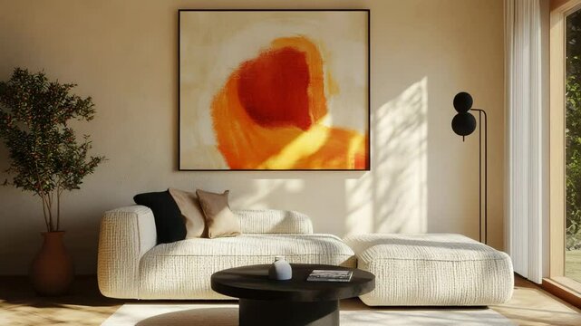 Minimalist Japandi modern living room interior with boucle sofa, black coffee table, terra cotta accents, and abstract art on beige stucco wall