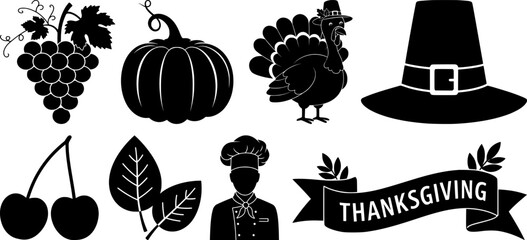 Thanksgiving harvest and holiday silhouette collection with turkey pilgrim hat pumpkin and chef