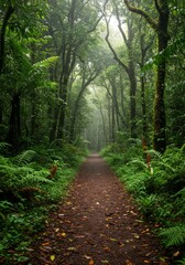 Fototapeta premium Lush Green Forest Path on a Misty Day