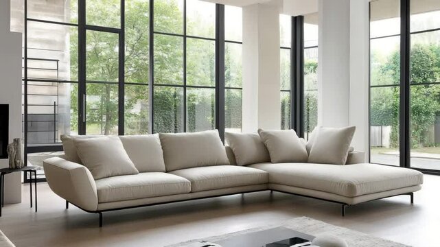 Minimalist living room with beige corner daybed sofa by tall windows and high ceiling