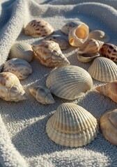 Collection of Seashells on a White Towel