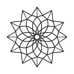 Obraz premium Symmetrical Black Geometric Star Mandala with Overlapping Petal Layers