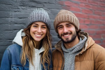 A smiling couple posing for a photo, wearing hats and smiling joyfully at the camera. The couple is embraced by an urban backdrop