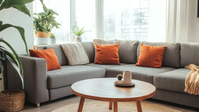 Minimalist modern living room with grey corner sofa, terracotta pillows, and large round wooden coffee table by window