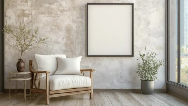 Minimalist modern living room with armchair by stucco wall featuring a framed poster