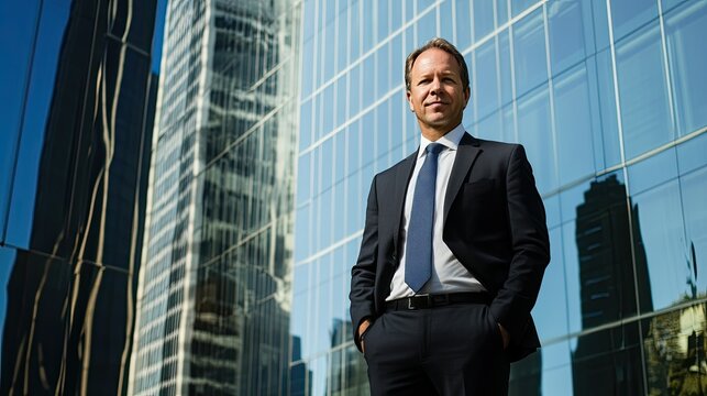 Professional businessman standing confidently in front of a modern glass skyscraper, reflecting urban life and business success, with a vibrant cityscape in the background