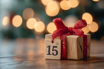 A Christmas gift with a red ribbon on a wooden table. A wooden tag with the number 15 is tied to the present, indicating a special date. The background shows blurred Christmas tree lights.