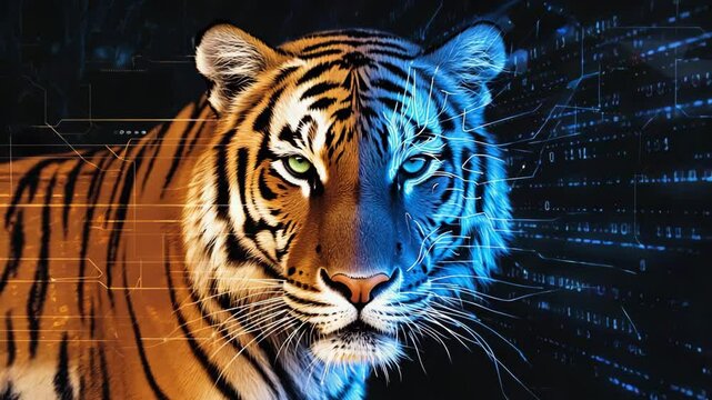 futuristic cyber tiger glowing in digital light, tech infused tiger with neon energy, half cybernetic tiger in virtual world, cybernetic tiger digital fusion, futuristic neon tech predator