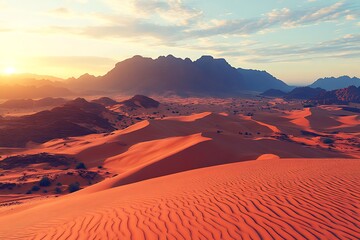 Naklejka premium Serene orange sand dunes landscape, backlit with sunset glow, desert mountains