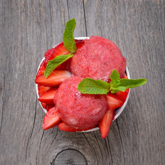Homemade strawberry sorbet in bowl