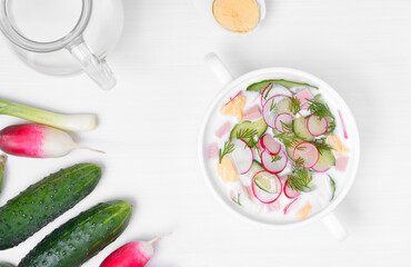 Homemade summer yoghurt cold soup with radish, cucumber, and dill.