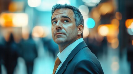 Fototapeta premium A businessman in formal attire stands thoughtfully in a bustling urban environment, surrounded by blurred figures, with bright lights and a modern aesthetic in the background