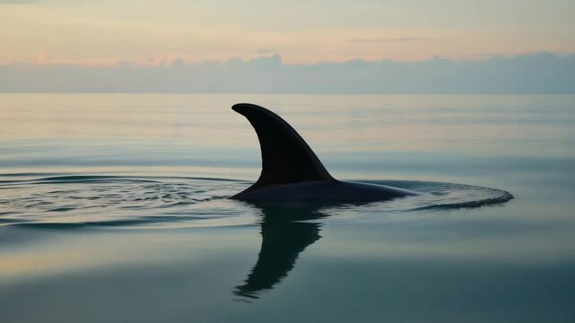 A dolphin fin gracefully slicing through the calm ocean surface at sunrise, with gentle ripples and reflections on the water &mdash; minimal and serene wildlife loop, cinematic 4K.