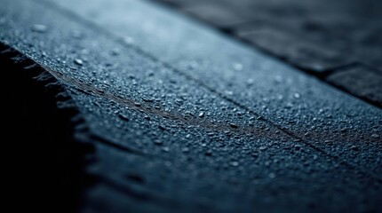Raindrops cover weathered dark overlapping roof tiles