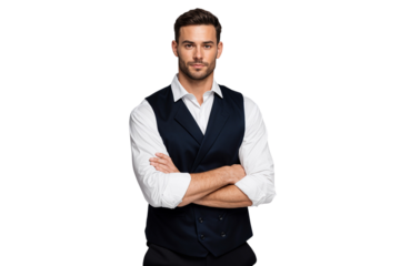 Confident bartender in formal uniform with crossed arms, isolated on transparent background. Professional service concept for hospitality and bar