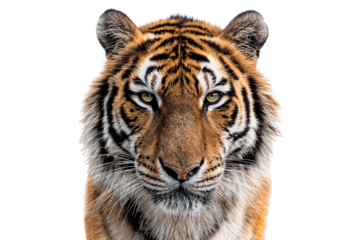 Close-up portrait of a majestic tiger with intense gaze, isolated on transparent background. Wildlife, predator, and conservation concept for nature and animal visuals