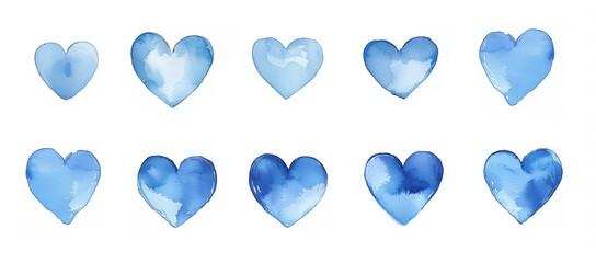 Blue Watercolor Painted Wash Cute Hearts Isolated on a White Background.