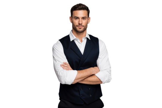 Confident bartender in formal uniform with crossed arms, isolated on transparent background. Professional service concept for hospitality and bar
